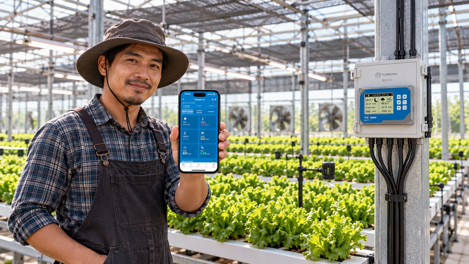 เกษตรกรถือมือถือแสดงหน้าจอแอปดูค่าอุณหภูมิ ความชื้น และ CO2 ของโรงเรือน ข้างตัวควบคุม GCS-1 ที่ติดตั้งในโรงเรือนผักสลัด