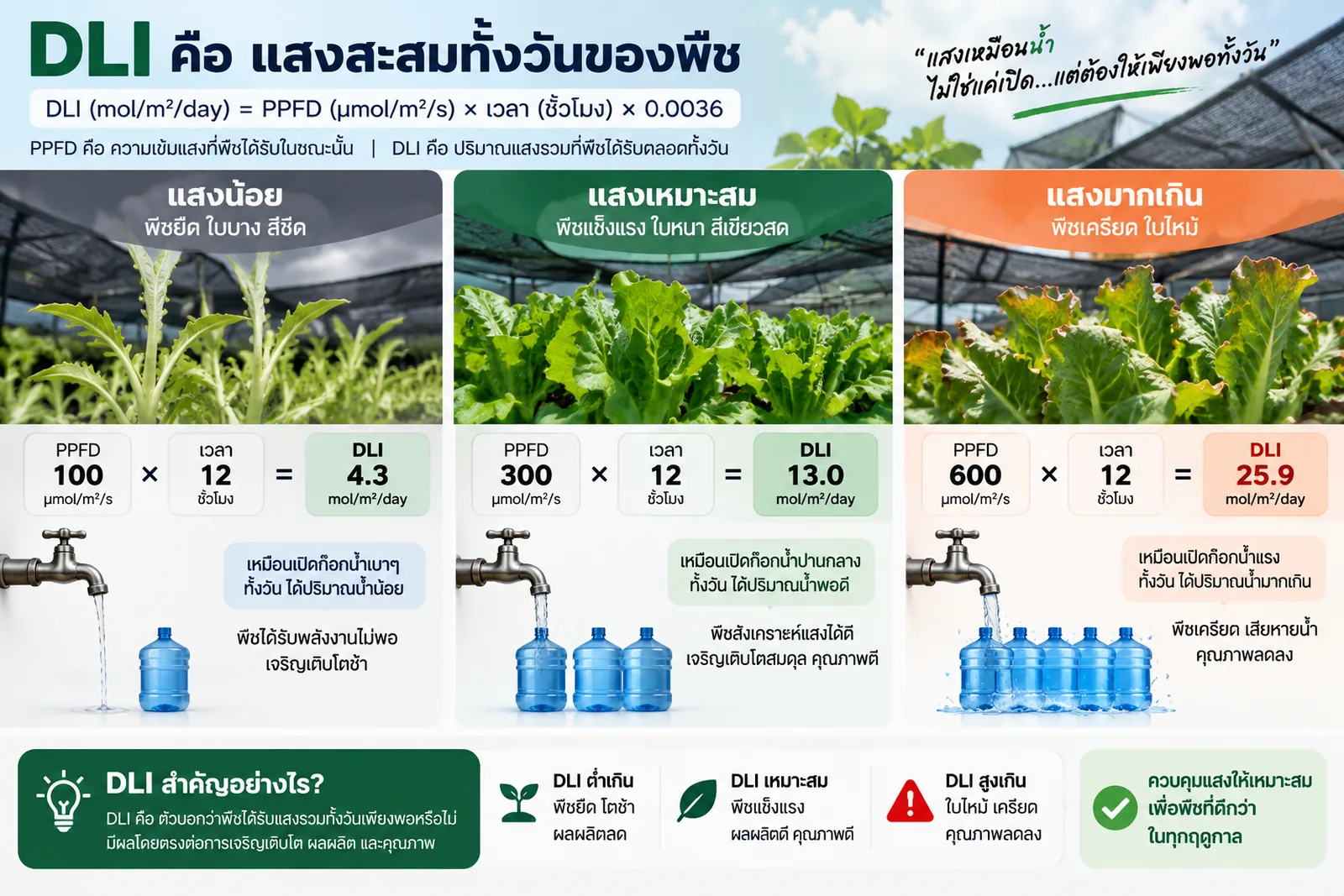 อินโฟกราฟิกอธิบาย DLI คือแสงสะสมทั้งวันของพืช คำนวณจาก PPFD คูณเวลาเป็นชั่วโมงคูณ 0.0036 เปรียบกับน้ำจากก๊อก ตัวอย่าง PPFD 100 นาน 12 ชั่วโมงได้ DLI 4.3 พืชยืด PPFD 300 ได้ DLI 13.0 เหมาะสม และ PPFD 600 ได้ DLI 25.9 มากเกินสำหรับผักใบ