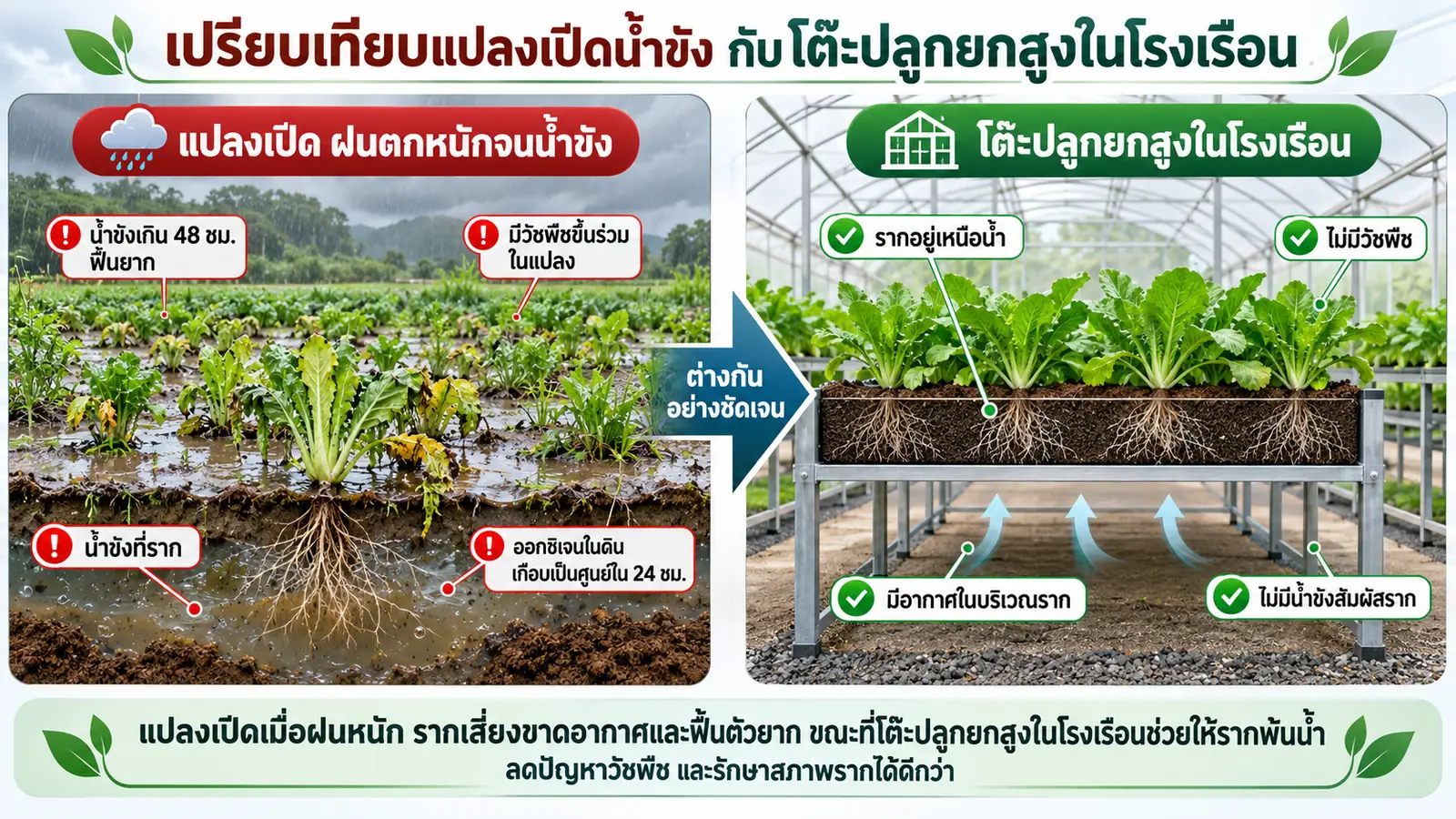 แผนภาพเปรียบเทียบแปลงเปิดที่ฝนตกหนักจนน้ำขังที่ราก ออกซิเจนในดินเกือบเป็นศูนย์ใน 24 ชั่วโมงและมีวัชพืชขึ้นร่วม กับโต๊ะปลูกยกสูงในโรงเรือนที่รากอยู่เหนือน้ำ มีอากาศในบริเวณราก และไม่มีวัชพืช