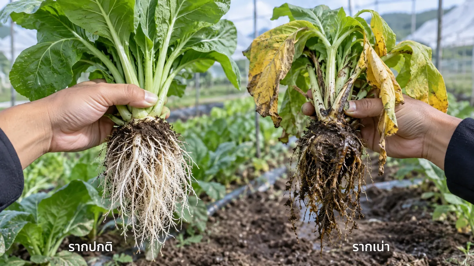 เปรียบเทียบต้นผักสองต้น ซ้ายรากปกติสีขาวแตกแขนงแน่น ขวารากเน่าสีน้ำตาลเข้มและใบเหลืองเหี่ยว