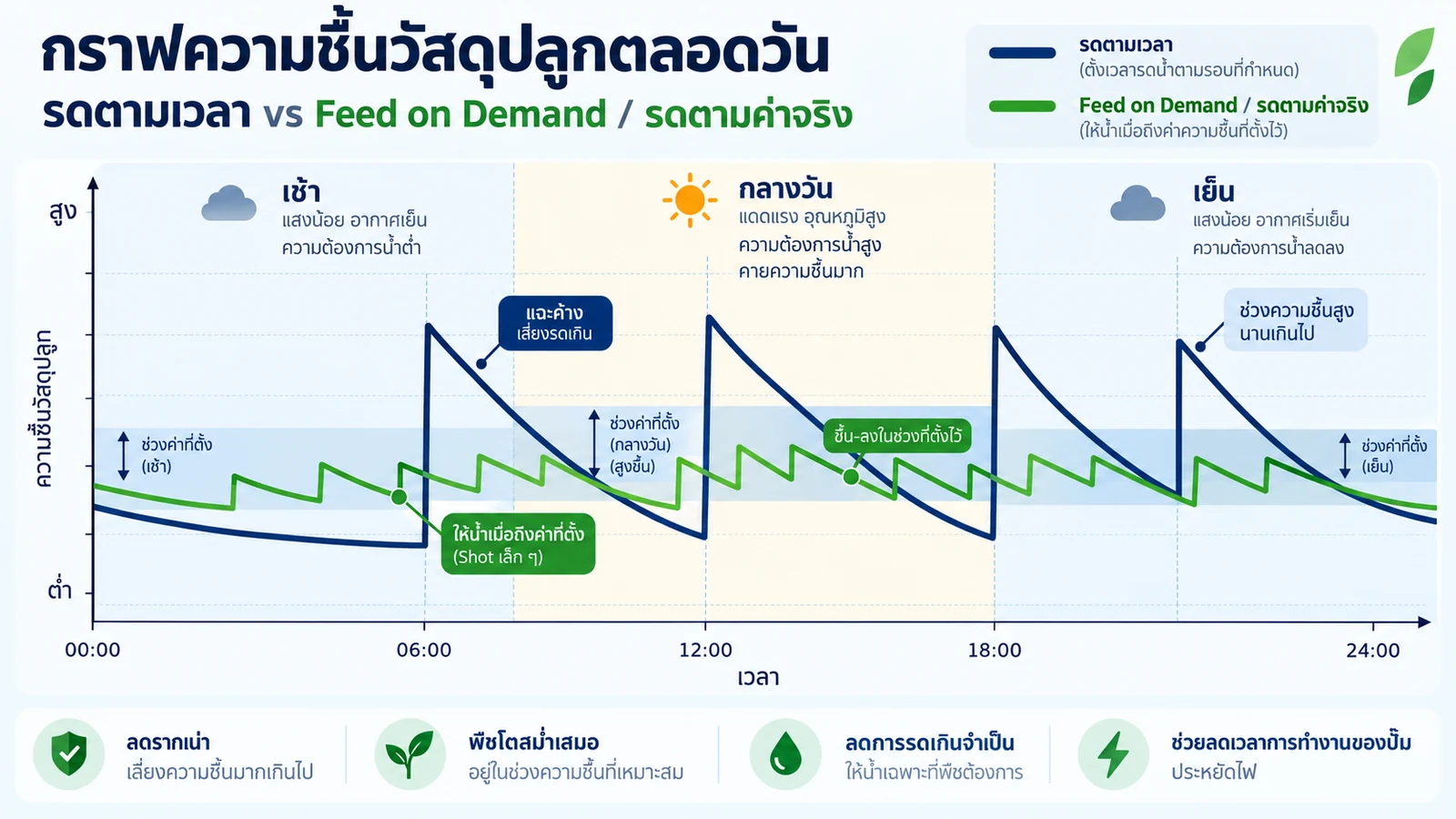 กราฟความชื้นวัสดุปลูกตลอด 24 ชั่วโมง เส้นรดตามเวลาพุ่งสูงจนแฉะค้างแล้วค่อยลด ส่วนเส้นรดตามค่าจริงขึ้นลงเล็กน้อยอยู่ในช่วงค่าที่ตั้งไว้ทั้งเช้า กลางวัน และเย็น